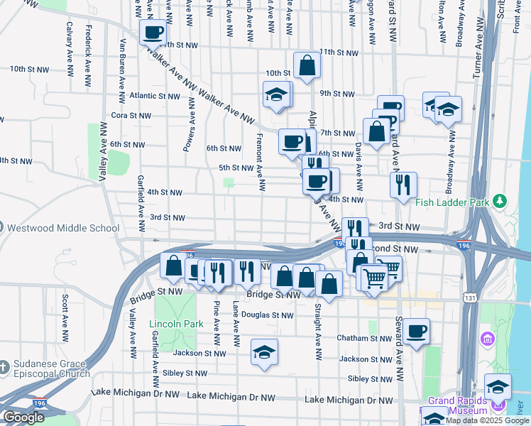 map of restaurants, bars, coffee shops, grocery stores, and more near 608 Fremont Avenue Northwest in Grand Rapids