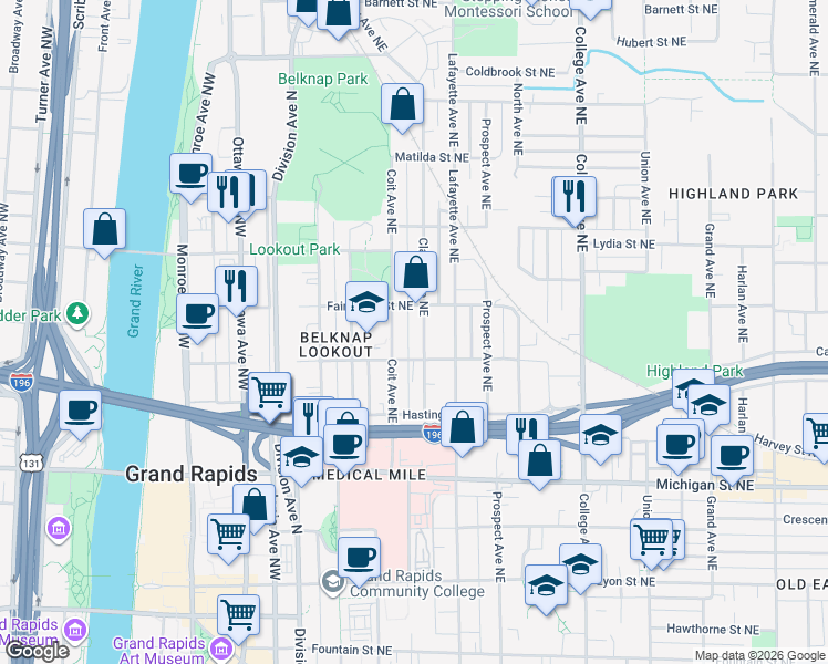 map of restaurants, bars, coffee shops, grocery stores, and more near 221 Trowbridge Street Northeast in Grand Rapids