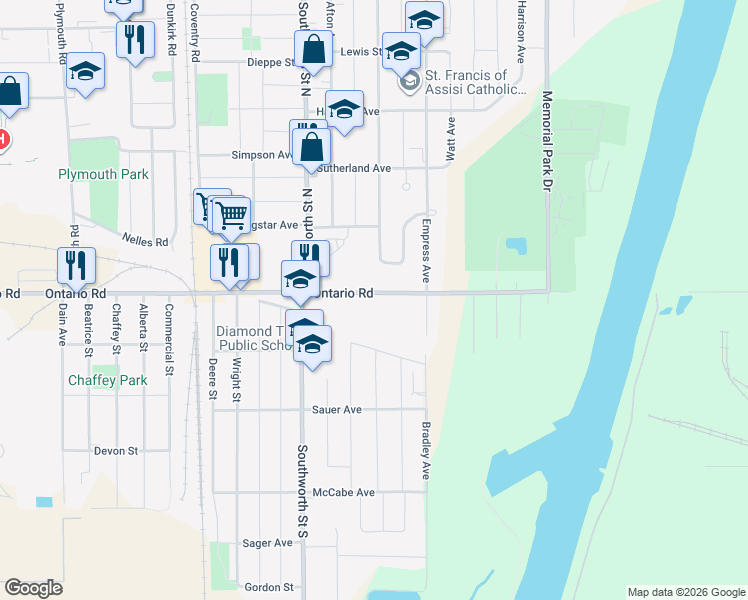 map of restaurants, bars, coffee shops, grocery stores, and more near 1048 Ontario Road in Welland