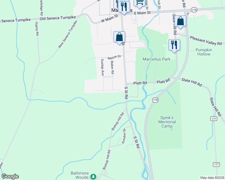 map of restaurants, bars, coffee shops, grocery stores, and more near 3 Hillside Drive in Marcellus