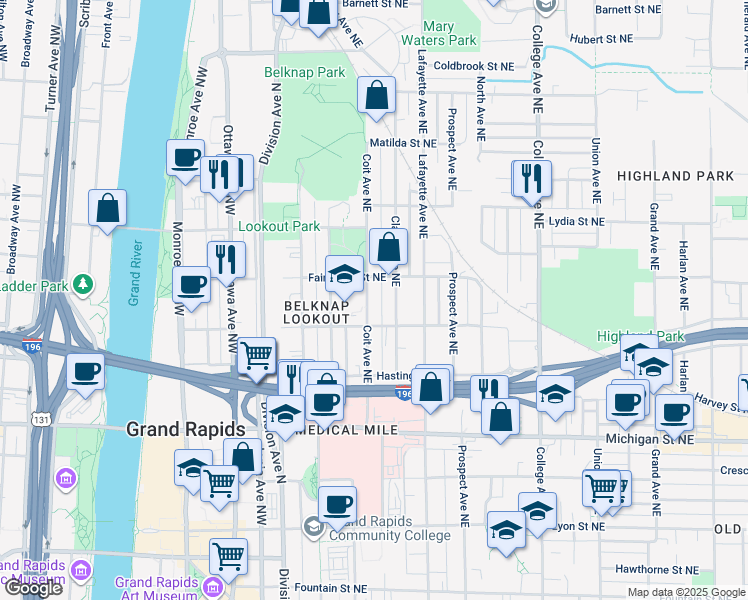 map of restaurants, bars, coffee shops, grocery stores, and more near 626 Coit Avenue Northeast in Grand Rapids