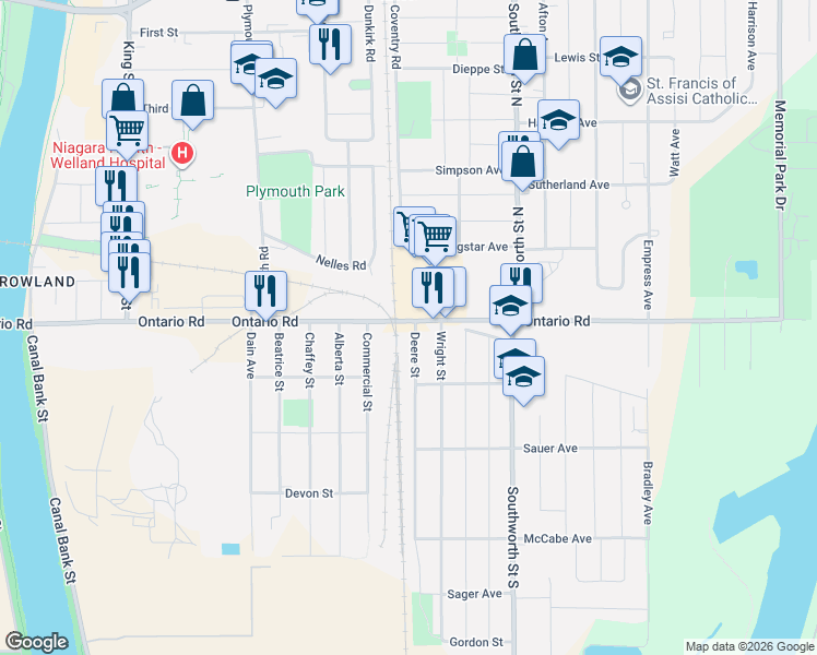 map of restaurants, bars, coffee shops, grocery stores, and more near 718 Ontario Road in Welland