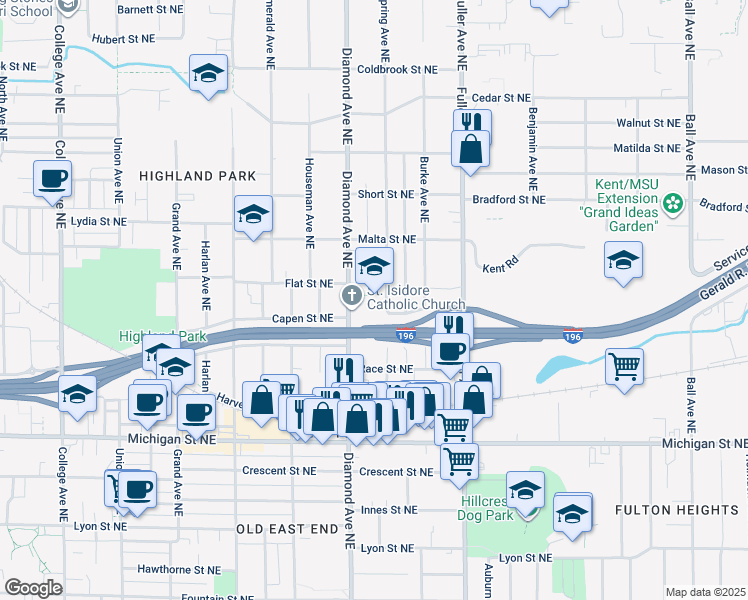 map of restaurants, bars, coffee shops, grocery stores, and more near 625 Spring Avenue Northeast in Grand Rapids