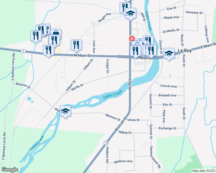 map of restaurants, bars, coffee shops, grocery stores, and more near 61 Myrtle Street in Le Roy