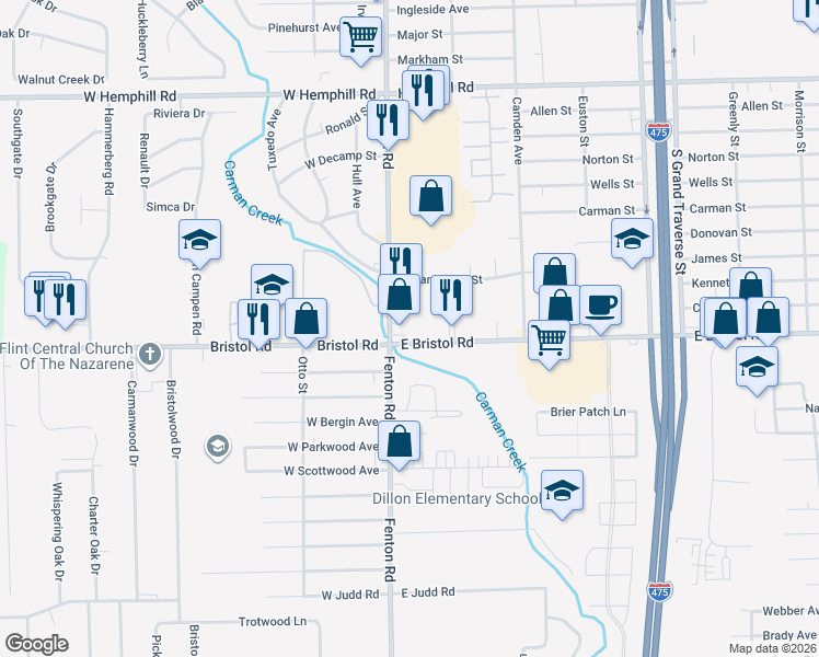 map of restaurants, bars, coffee shops, grocery stores, and more near 3493 Fenton Road in Burton