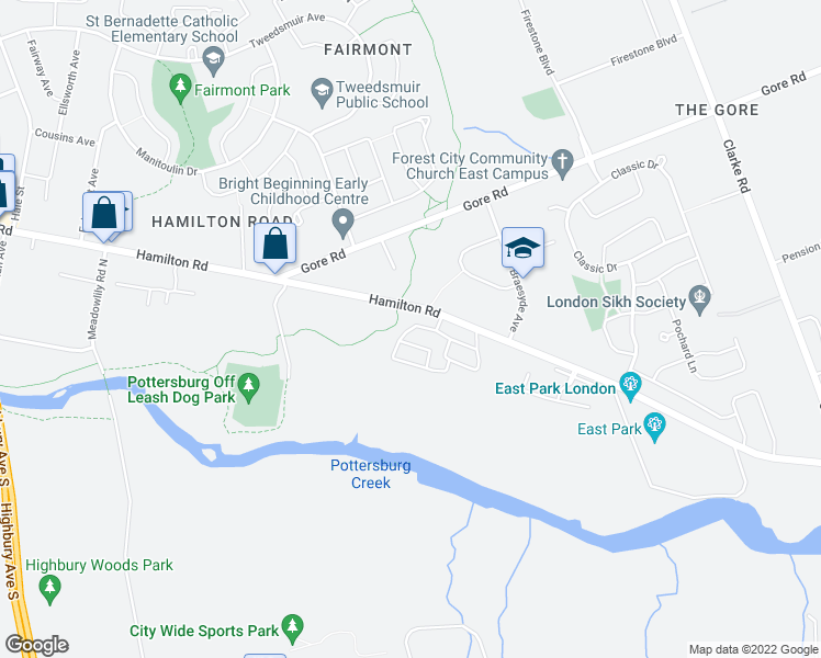 map of restaurants, bars, coffee shops, grocery stores, and more near 1203 Hamilton Road in London