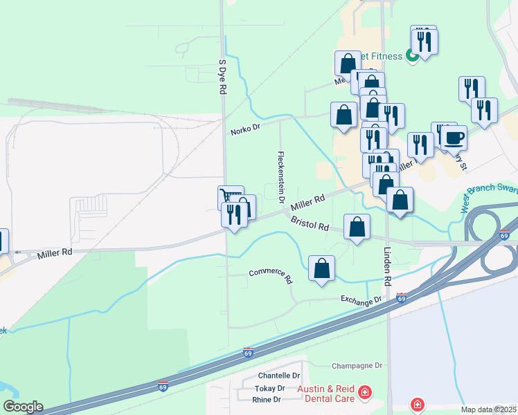 map of restaurants, bars, coffee shops, grocery stores, and more near 5232 Miller Road in Flint