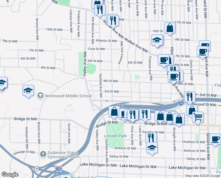 map of restaurants, bars, coffee shops, grocery stores, and more near 607 Lincoln Avenue Northwest in Grand Rapids