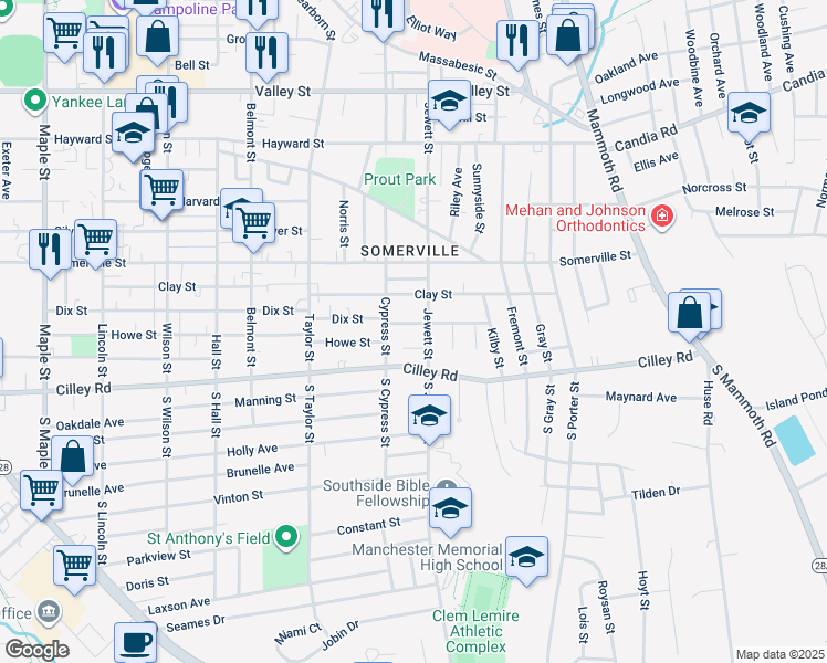 map of restaurants, bars, coffee shops, grocery stores, and more near 36 Glendale Avenue in Manchester