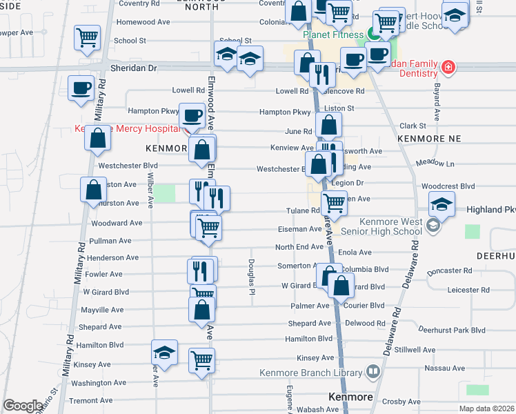 map of restaurants, bars, coffee shops, grocery stores, and more near 116 Brendan Avenue in Buffalo