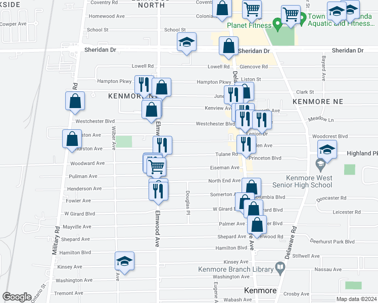 map of restaurants, bars, coffee shops, grocery stores, and more near 116 Brendan Avenue in Buffalo