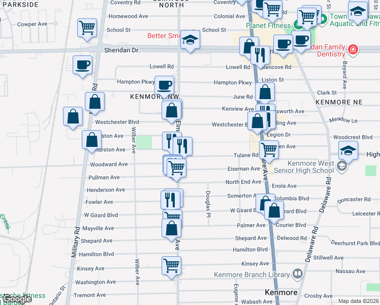 map of restaurants, bars, coffee shops, grocery stores, and more near in Kenmore