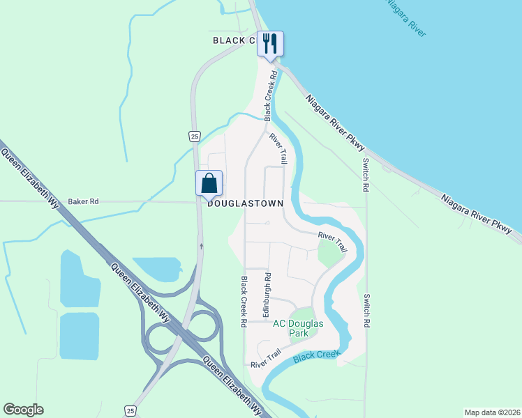 map of restaurants, bars, coffee shops, grocery stores, and more near 3674 Sussex Lane in Niagara Falls