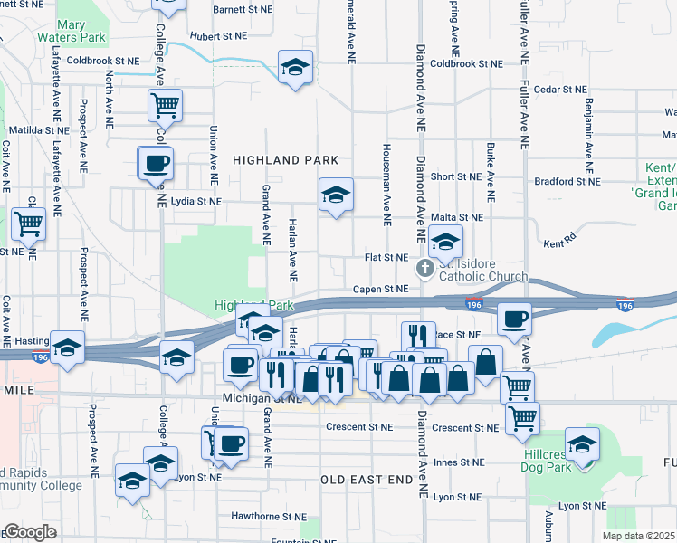 map of restaurants, bars, coffee shops, grocery stores, and more near 824 Flat Street Northeast in Grand Rapids