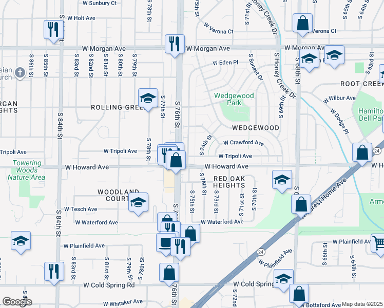 map of restaurants, bars, coffee shops, grocery stores, and more near 3816 South 75th Street in Milwaukee