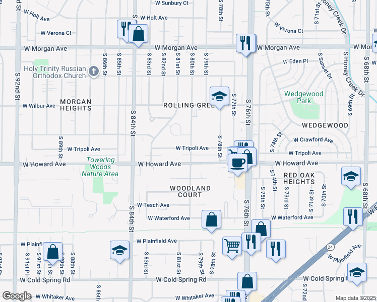 map of restaurants, bars, coffee shops, grocery stores, and more near 8000 West Tripoli Avenue in Milwaukee