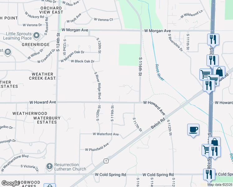 map of restaurants, bars, coffee shops, grocery stores, and more near 11790 West Glen Way in Greenfield