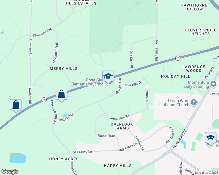 map of restaurants, bars, coffee shops, grocery stores, and more near W273s3845 Brookhill Drive in Waukesha