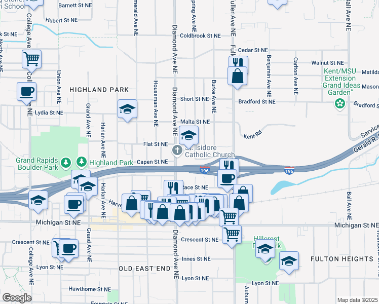 map of restaurants, bars, coffee shops, grocery stores, and more near 625 Spring Avenue Northeast in Grand Rapids