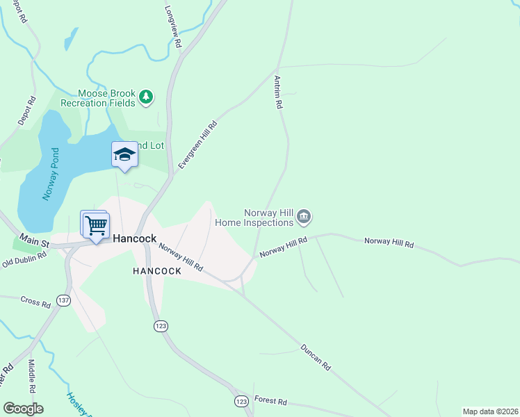 map of restaurants, bars, coffee shops, grocery stores, and more near 18 Antrim Road in Hancock