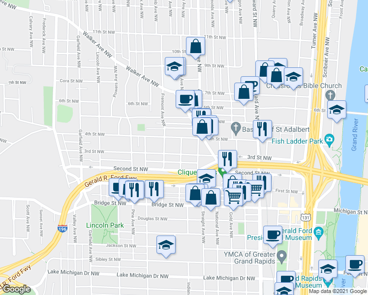 map of restaurants, bars, coffee shops, grocery stores, and more near 612 Pettibone Avenue Northwest in Grand Rapids