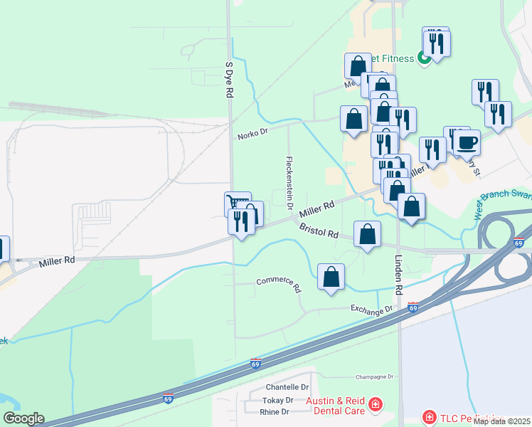 map of restaurants, bars, coffee shops, grocery stores, and more near 5232 Miller Road in Flint