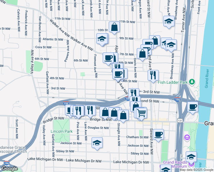 map of restaurants, bars, coffee shops, grocery stores, and more near 614 Pettibone Avenue Northwest in Grand Rapids