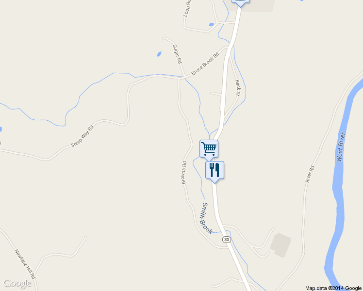 map of restaurants, bars, coffee shops, grocery stores, and more near 107 Browns Road in Newfane