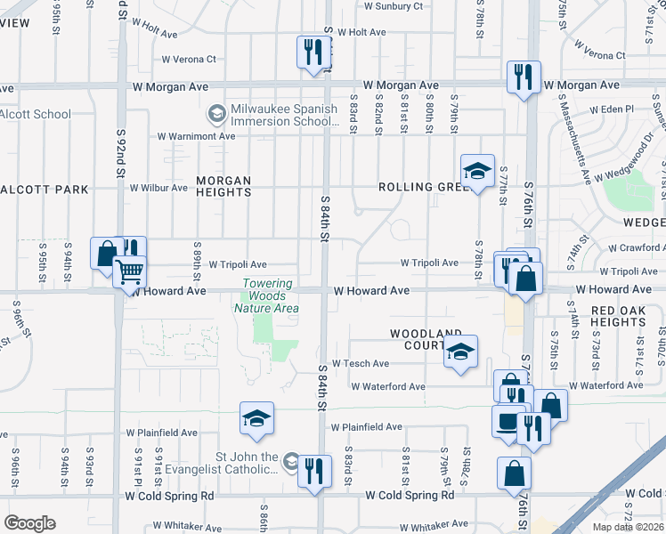 map of restaurants, bars, coffee shops, grocery stores, and more near 3817 South 83rd Street in Milwaukee