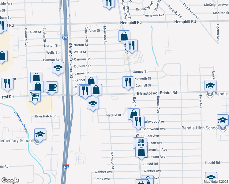 map of restaurants, bars, coffee shops, grocery stores, and more near 1463 East Bristol Road in Burton