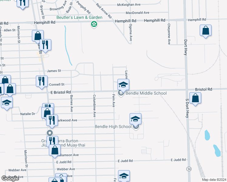 map of restaurants, bars, coffee shops, grocery stores, and more near East Bristol Road in Burton