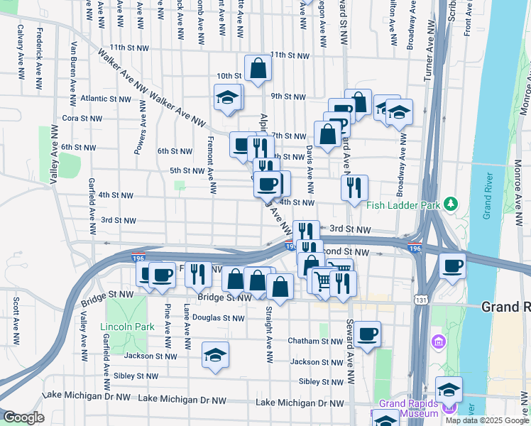 map of restaurants, bars, coffee shops, grocery stores, and more near in Grand Rapids