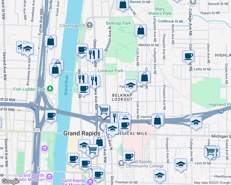 map of restaurants, bars, coffee shops, grocery stores, and more near 8 Fairbanks Street Northeast in Grand Rapids