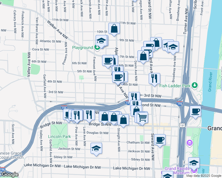 map of restaurants, bars, coffee shops, grocery stores, and more near 834 4th Street Northwest in Grand Rapids