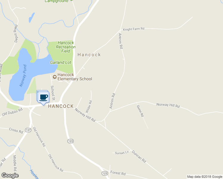 map of restaurants, bars, coffee shops, grocery stores, and more near 18 Antrim Road in Hancock