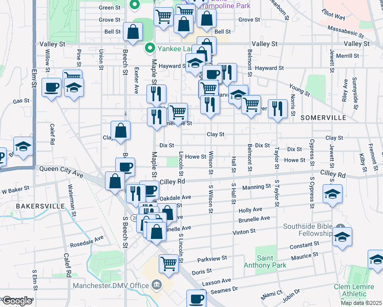 map of restaurants, bars, coffee shops, grocery stores, and more near 535 Dix Street in Manchester