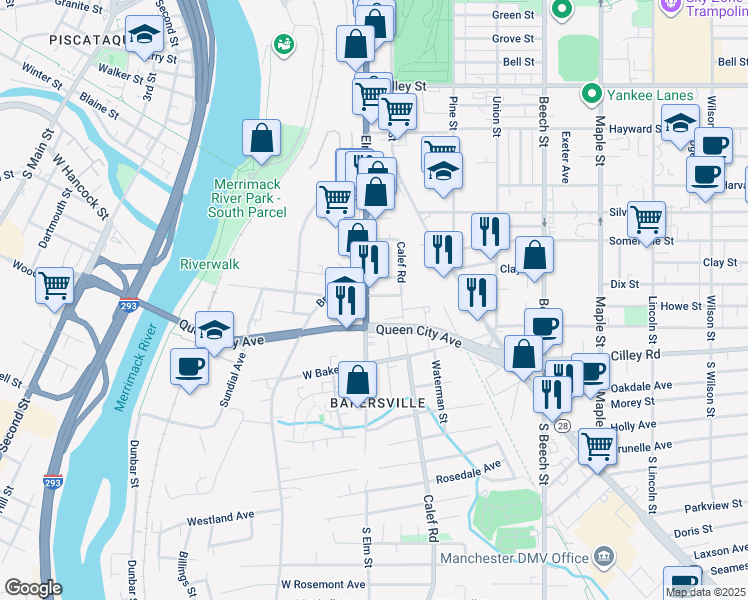 map of restaurants, bars, coffee shops, grocery stores, and more near 37 Elm Street in Manchester
