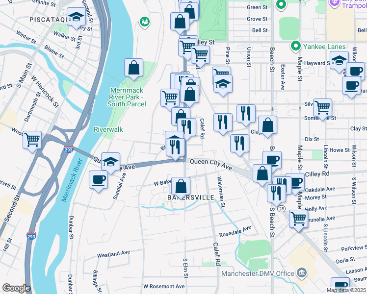 map of restaurants, bars, coffee shops, grocery stores, and more near 37 Elm Street in Manchester