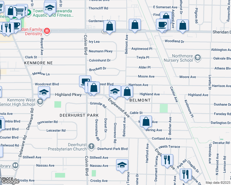 map of restaurants, bars, coffee shops, grocery stores, and more near 295 Woodcrest Boulevard in Buffalo