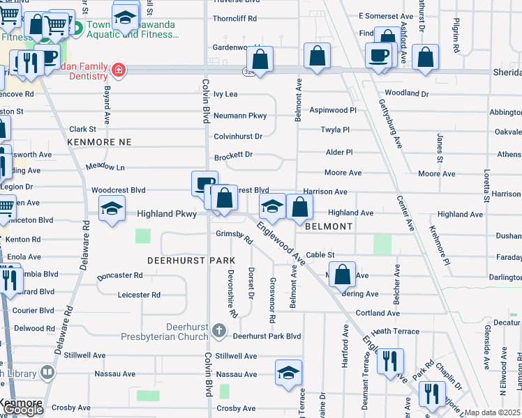 map of restaurants, bars, coffee shops, grocery stores, and more near 295 Woodcrest Boulevard in Buffalo