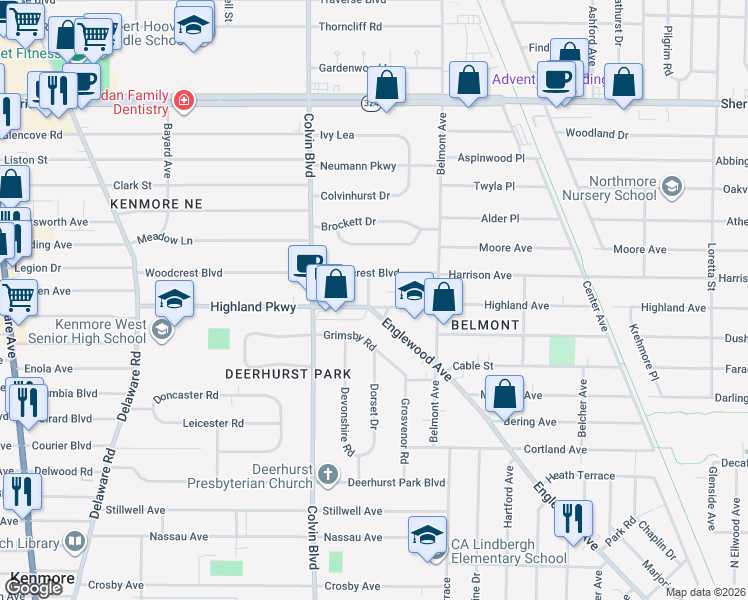 map of restaurants, bars, coffee shops, grocery stores, and more near 245 Woodcrest Boulevard in Buffalo