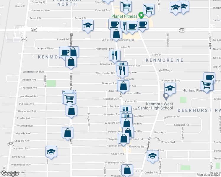 map of restaurants, bars, coffee shops, grocery stores, and more near 36 Brendan Avenue in Buffalo