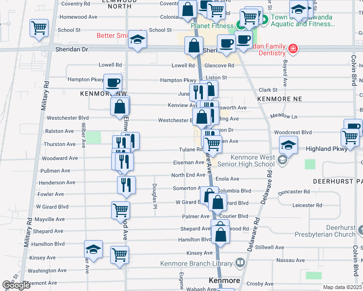 map of restaurants, bars, coffee shops, grocery stores, and more near 76 Brendan Avenue in Buffalo