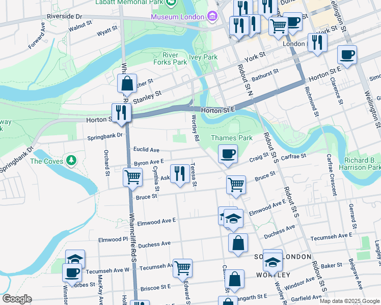 map of restaurants, bars, coffee shops, grocery stores, and more near 103 Wortley Road in London