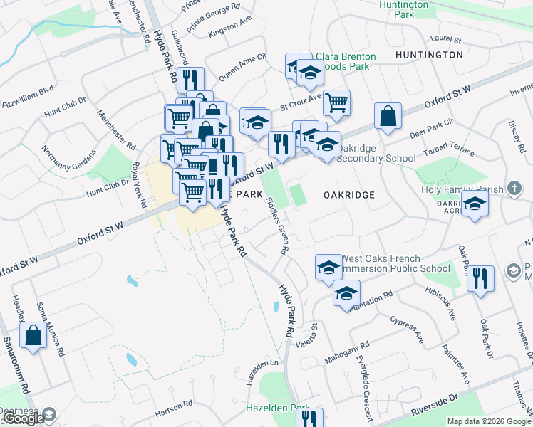 map of restaurants, bars, coffee shops, grocery stores, and more near 65 Fiddlers Green Road in London
