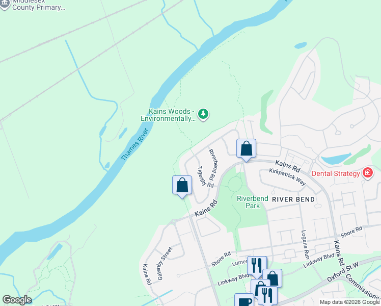 map of restaurants, bars, coffee shops, grocery stores, and more near 1882 Riverbend Road in London