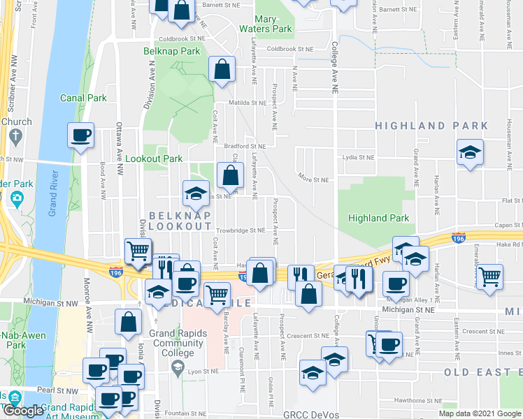 map of restaurants, bars, coffee shops, grocery stores, and more near 647 Lafayette Avenue Northeast in Grand Rapids