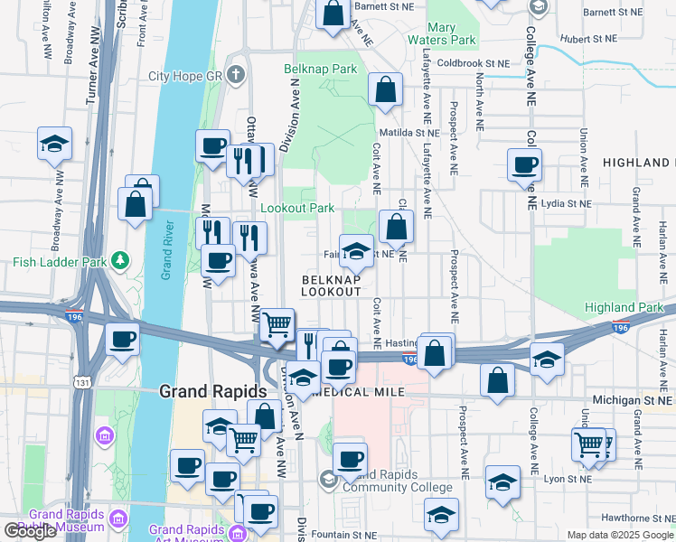 map of restaurants, bars, coffee shops, grocery stores, and more near 649 Livingston Avenue Northeast in Grand Rapids
