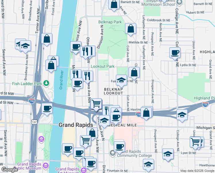 map of restaurants, bars, coffee shops, grocery stores, and more near 8 Fairbanks Street Northeast in Grand Rapids