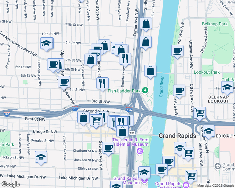 map of restaurants, bars, coffee shops, grocery stores, and more near 433 4th Street Northwest in Grand Rapids